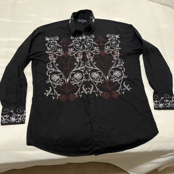Milano Moda Men's L Long Sleeve Western Button Front Embroidered Black Shirt - Picture 1 of 9